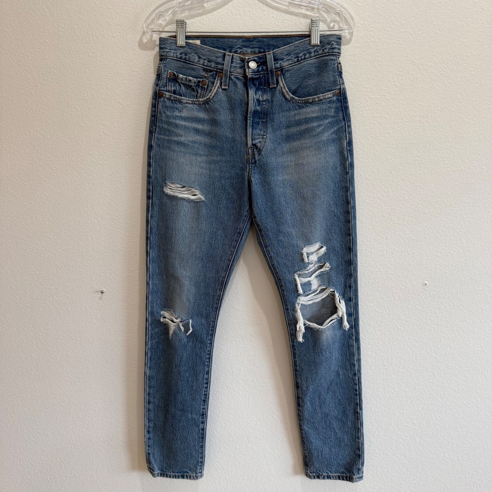 Levis Premium 501 Skinny Jeans Distressed Blue Denim W26 L30 Button Fly HighRise
